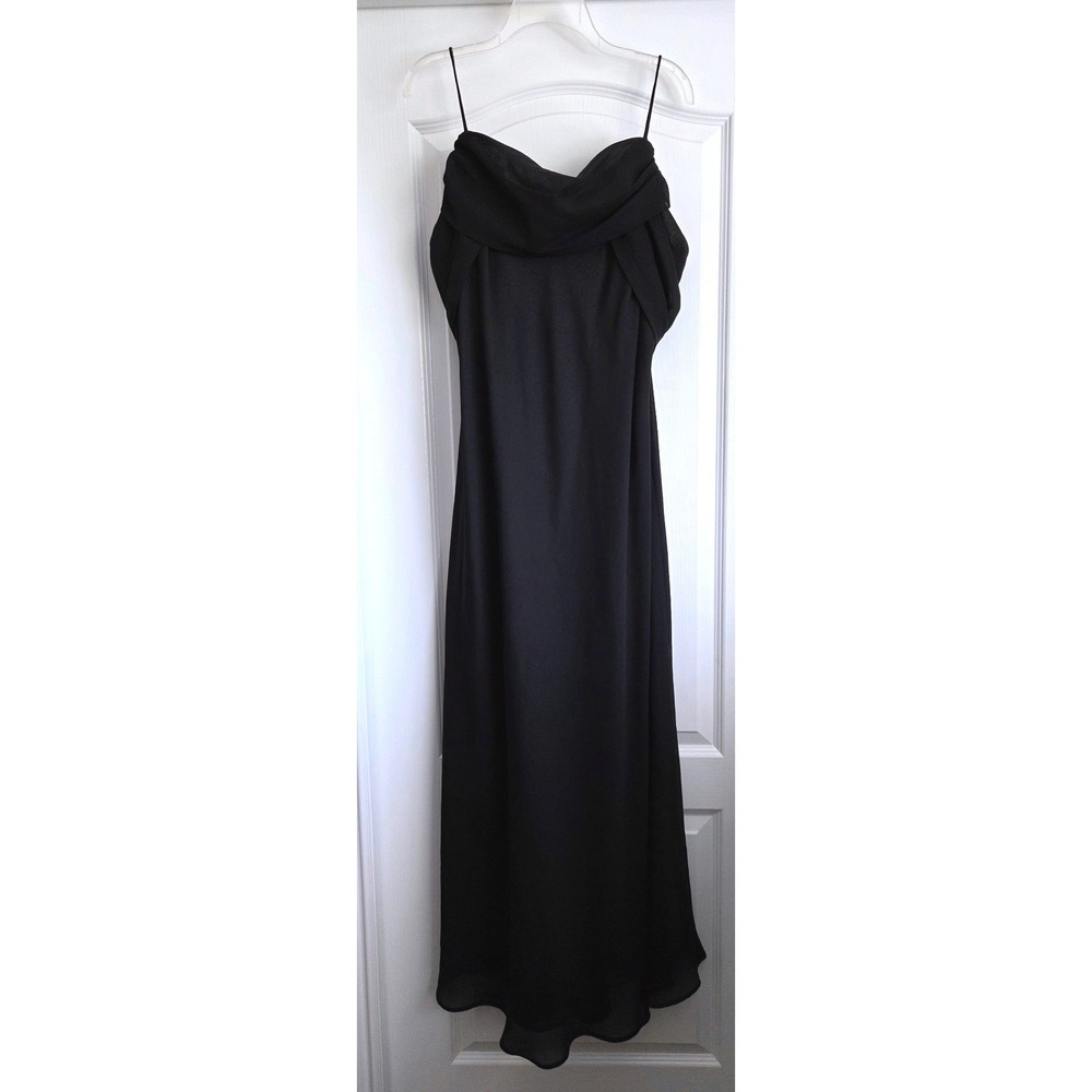 VTG Chelsea Nites Black Draped Cowl Neck Strappy Ruffle Bow Back Gown Dress 18W